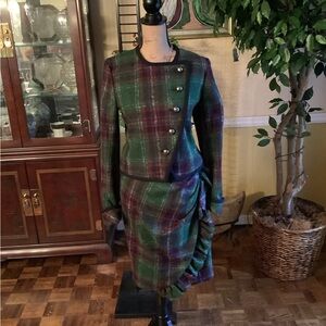 Blue and Green Ruffled Asymmetrical Pencil Skirt Set